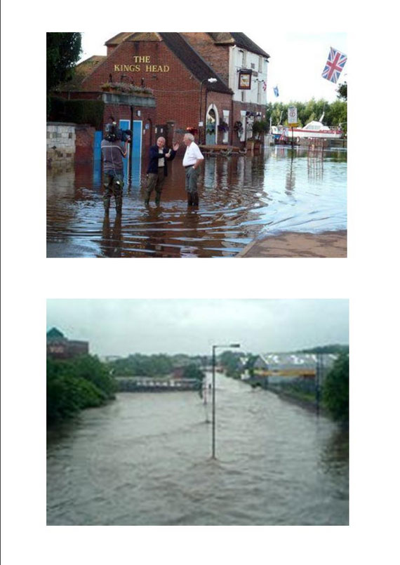 A television crew interviewing a resident outside a flooded Public House, seen in York, Yorkshire & A flooded street seen in York, Yorkshire
