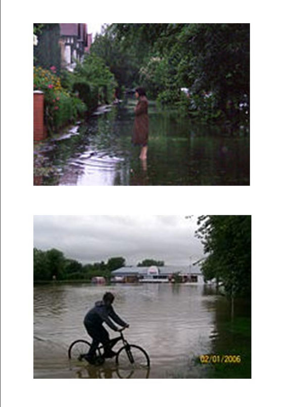 A flooded residential street with resident standing ankle deep in water, seen in York, Yorkshire & A flooded commercial properties with cyclist making their way through deep waters seen in York, Yorkshire